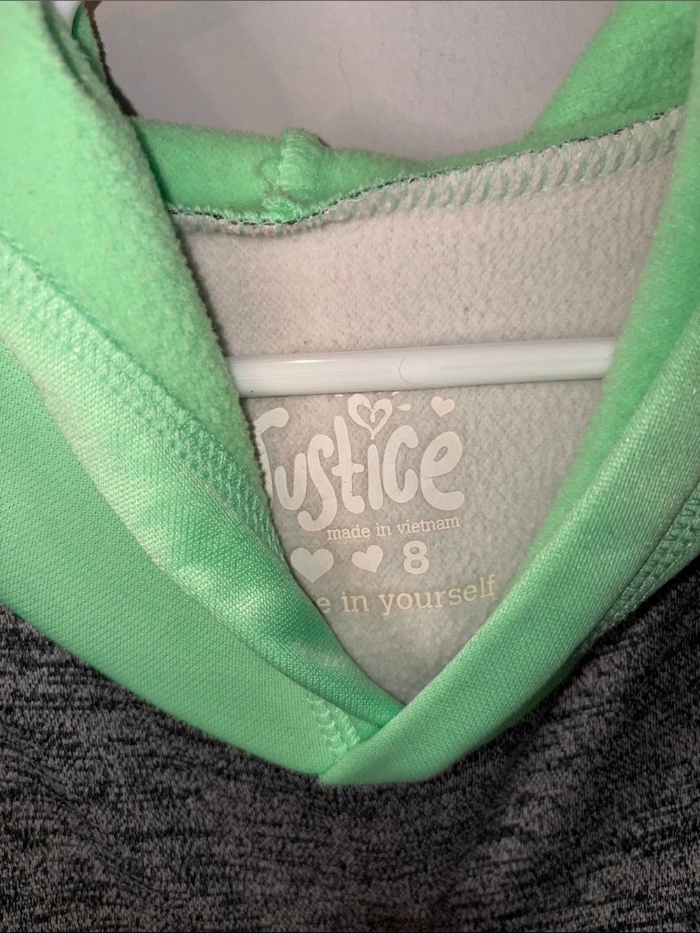 Justice Girls' Gray Hoodie with Mint Green Raglan Sleeves and Softball Size 8
